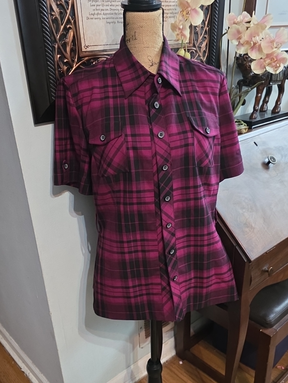 Alex Marie Women's Short-Sleeve Plaid Button-Up Shirt in Magenta and Black